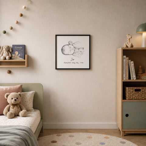 Baby Portret Lijntekening in Lijst | Gepersonaliseerd Geboorteportret